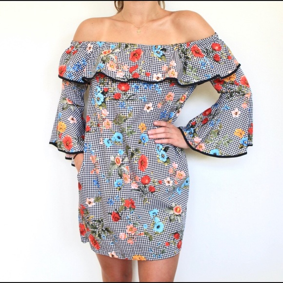 Zara Checkered & Floral Off The Shoulder Dress - Picture 4 of 9